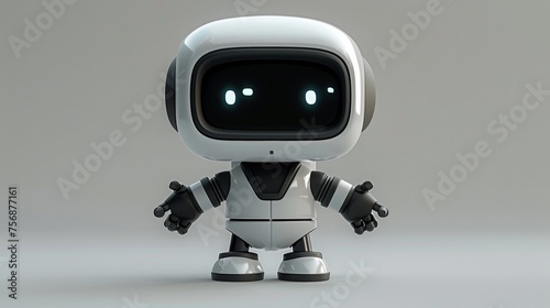 A little cute robot, white robot, eyes smile, big head, small body, lively movementsy, raised arms, spreading his hands to introduce, full-body shot