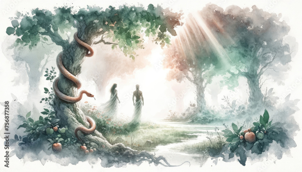 Adam and Eve in the garden of Eden. Digital illustration. Man and woman ...