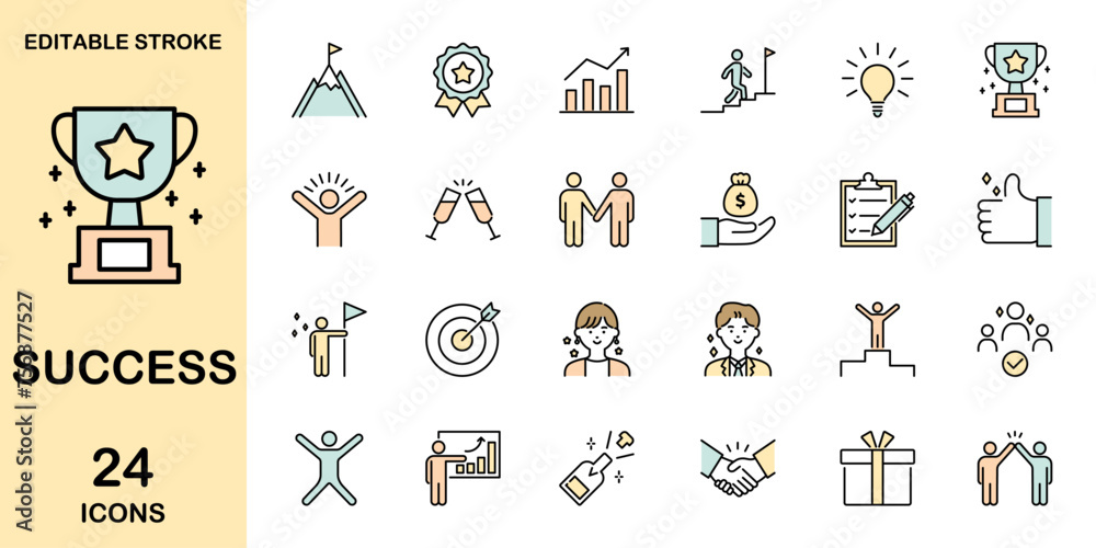Success thin line colorful icons set. Containing  business, goals, achievement, awards, victory, leader and more. Editable stroke. Vector illustration