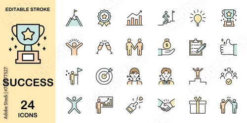 Success thin line colorful icons set. Containing business, goals, achievement, awards, victory, leader and more. Editable stroke. Vector illustration