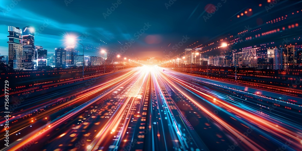 Abstract Background of a High-Speed Global Data Transfer in a Futuristic Tech City at Night. Concept Futuristic Tech City, Data Transfer, Abstract Background, High-Speed, Night Scene