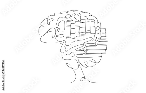 Continuous one line drawing of brain with piles of books inside, accumulation of knowledge or intellectual development concept, single line art.