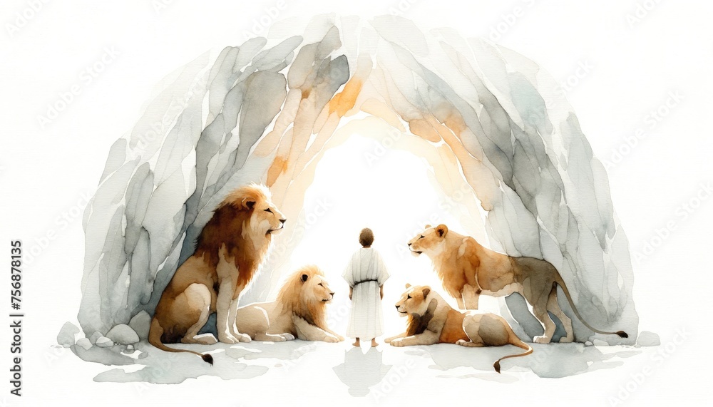 Naklejka premium Daniel in the lions' den. Daniel and the Very Hungry Lions. Digital watercolor painting.
