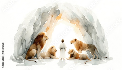 Daniel in the lions' den. Daniel and the Very Hungry Lions. Digital watercolor painting. © Faith Stock