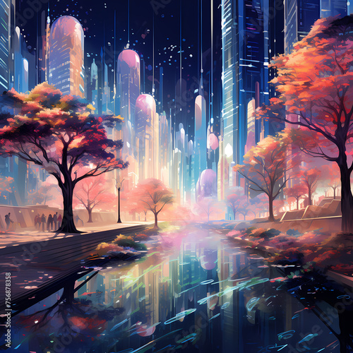 A cityscape with holographic trees and plants. 