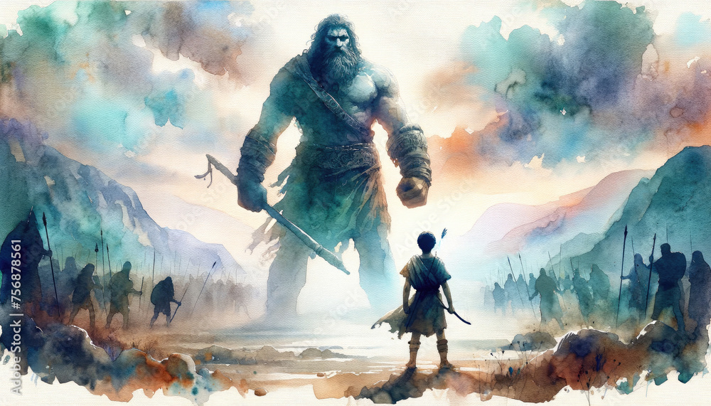 David and Goliath. Digital painting of an ancient warrior with a giant standing in front of him. Digital illustration. - obrazy, fototapety, plakaty 
