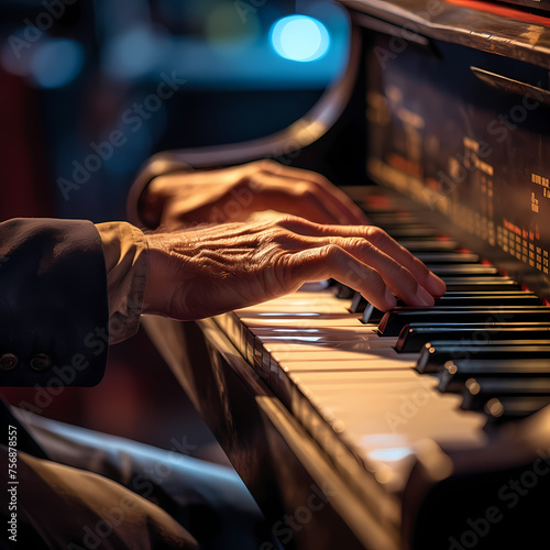 A close-up of a musicians fingers on piano keys.