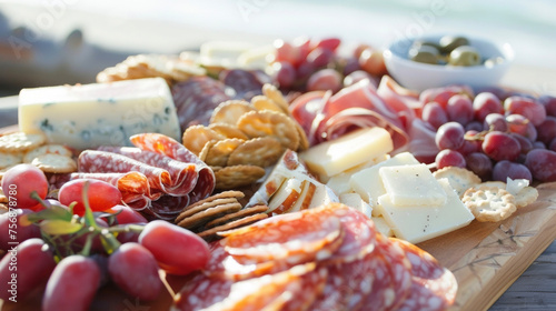 A closeup of a delicious charerie board filled with an array of meats cheeses and crackers perfect for a beachfront picnic. photo