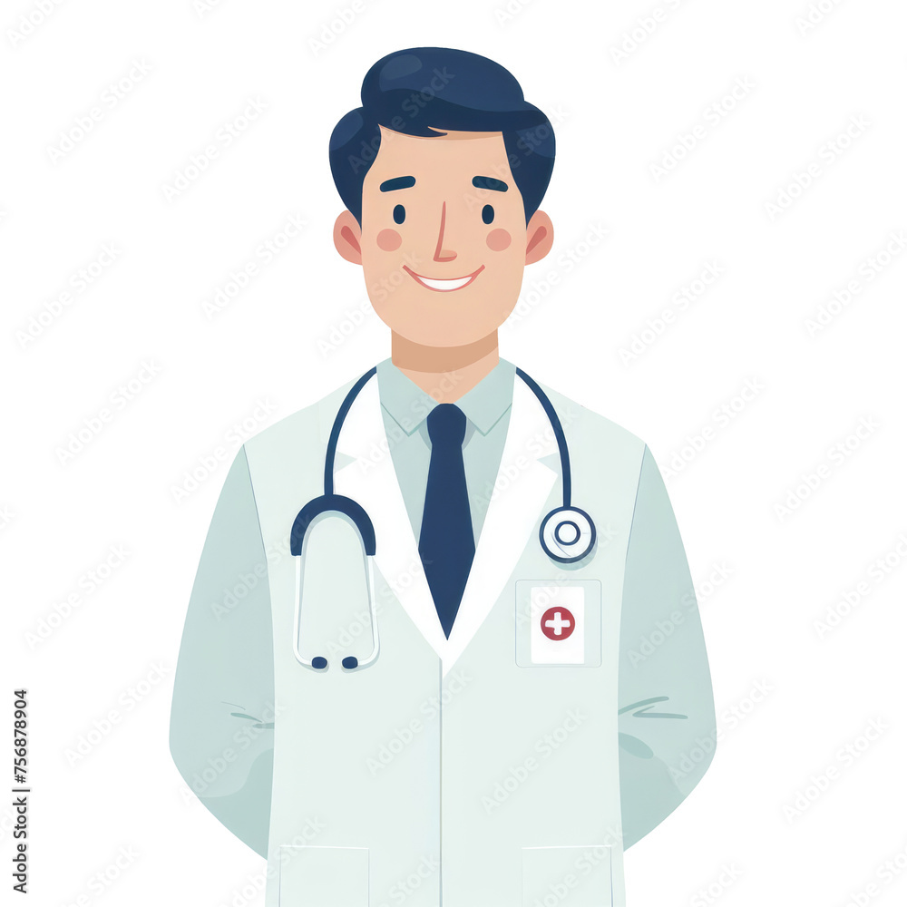 kind male doctor in a white coat, stethoscope around their neck. 
