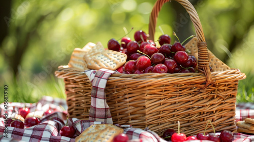 As we gather fresh cherries our picnic basket is filled with an assortment of savory snacks like cheese and crackers making for a wellrounded and satisfying meal.