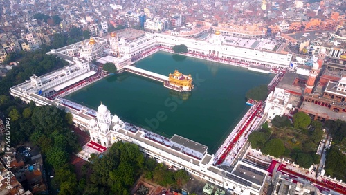 The Golden Temple also known as the Harimandir Sahib Aerial view by DJI mini3Pro Drone city of Amritsar, Punjab, India.