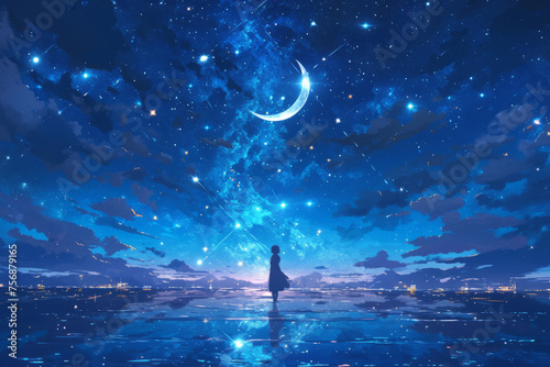 Illustration of girl silhouette under shooting stars in the Milky Way starry sky at night on the seaside