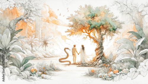 Adam and Eve in the garden of Eden. Digital illustration. Man and woman in a beautiful garden with a snake on a tree. photo