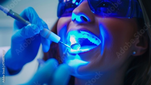 With their mouth wide open a patient undergoes a painless and quick teeth bleaching procedure as the dentist carefully applies a safe highpowered gel to their teeth that will photo
