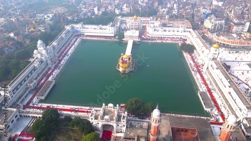 The Golden Temple also known as the Harimandir Sahib Aerial view by DJI mini3Pro Drone city of Amritsar, Punjab, India. photo