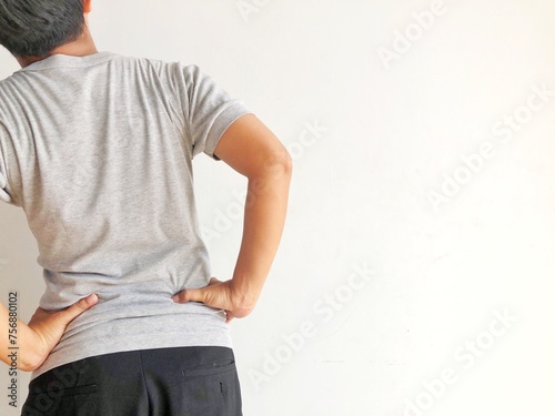 man with back pain isolated on white