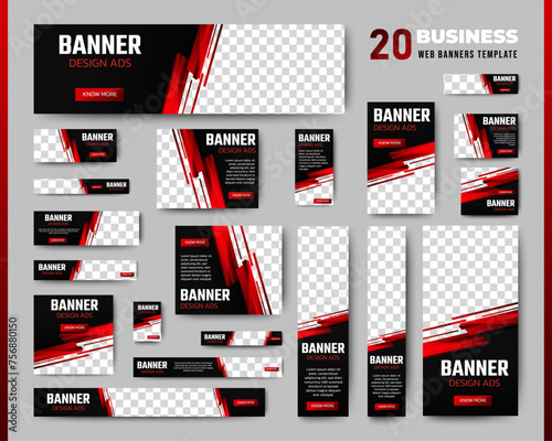 Professional business web ad banner template with photo place. Modern layout black background and red shape and text design © ahmad