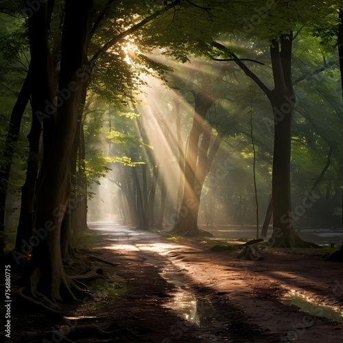 A serene forest with rays of sunlight piercing through the leaves