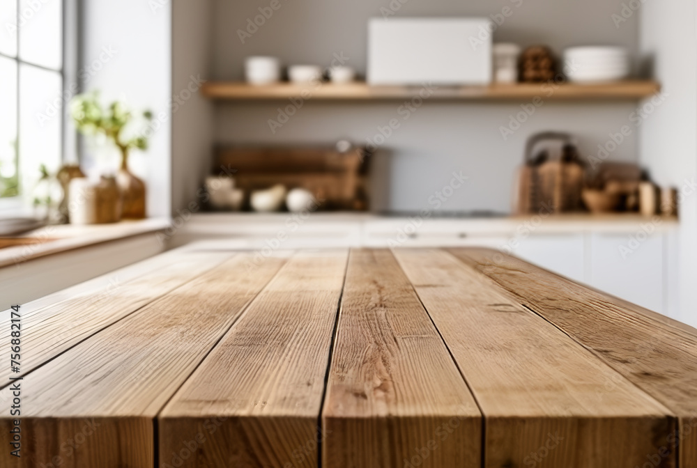 Wooden table in front of blurred kitchen background. Mock up, 3D Rendering