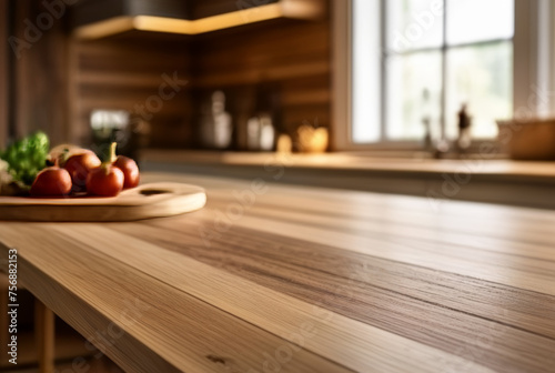 Wooden table in front of blurred kitchen background. Mock up, 3D Rendering