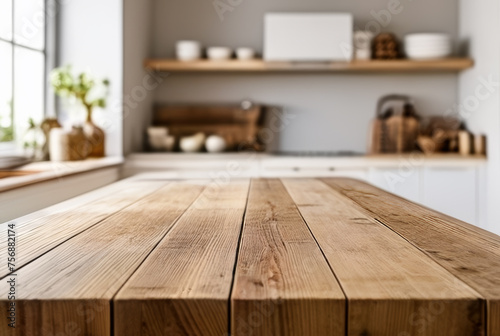 Wooden table in front of blurred kitchen background. Mock up, 3D Rendering