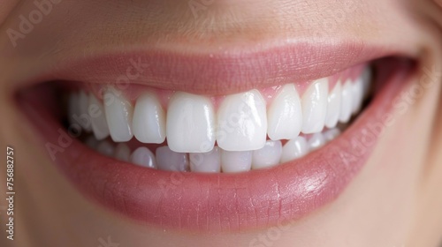 A closeup of a smiling patients mouth reveals a flawless set of pearly white teeth thanks to a professional teeth whitening treatment that has removed years of stains and