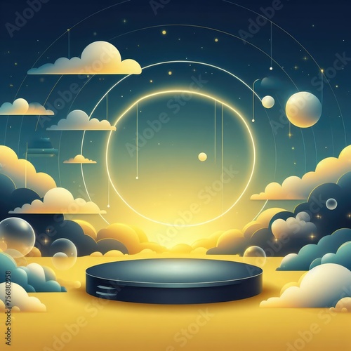 Abstract background with round podium  circle and clouds.