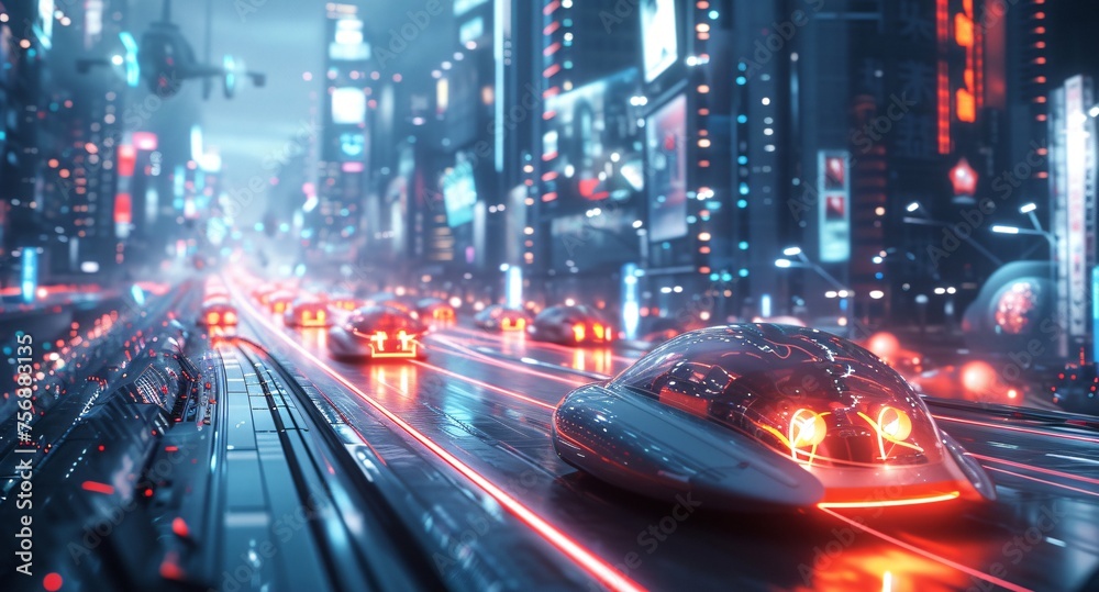Cars traverse the streets beneath a canopy of stars in a futuristic city's nocturnal panorama