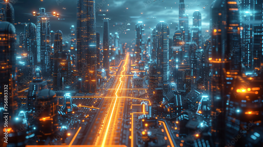 The city road adorned with neon lights bustles with cars against the backdrop of a futuristic night view The city road adorned with neon lights bustles with cars against the backdrop of a futuristic night view