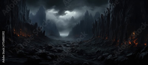 A mysterious natural landscape with towering trees, a winding river, and a dark atmosphere under the cloudy sky. The horizon is obscured by the dense forest, creating an eerie and enchanting scene