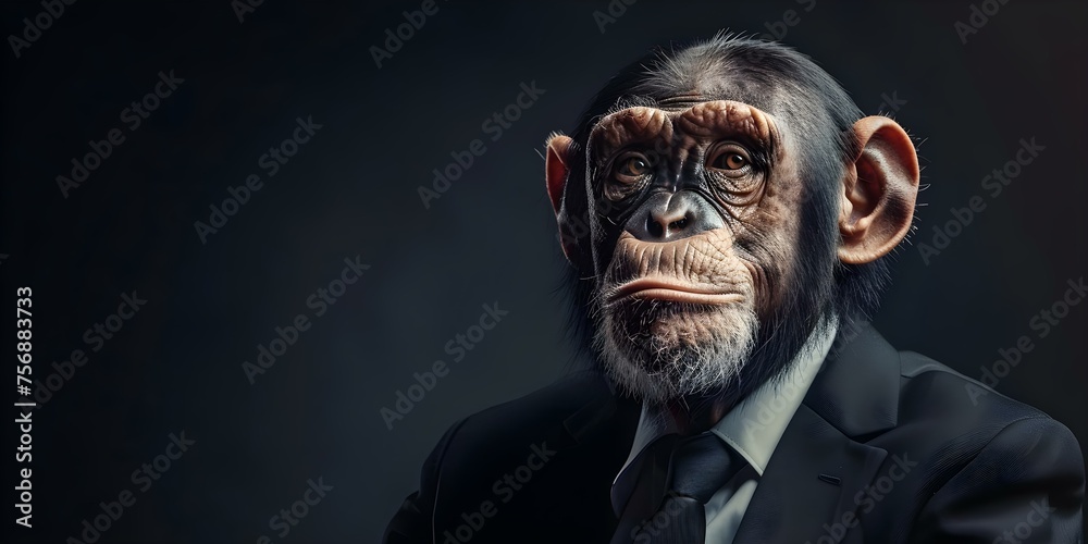 A sophisticated elderly chimp in a stylish suit and tie poses fashionably. Concept Fashionable Animals, Sophisticated Chimp, Elderly Portraits, Stylish Photoshoot, Playful Poses