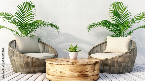 Contemporary Living Room with Green Plants, Rattan Chair, and Wooden Furniture, Cozy and Stylish Interior
