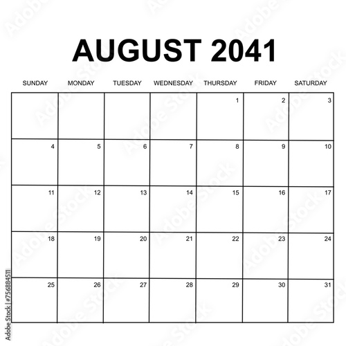 august 2041. monthly calendar design. week starts on sunday. printable, simple, and clean vector design isolated on white background.