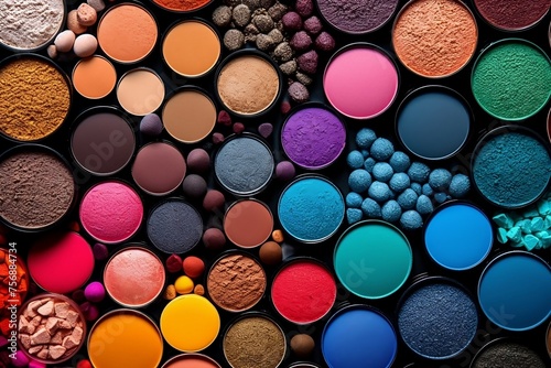 Close-up image of makeup products on black background 