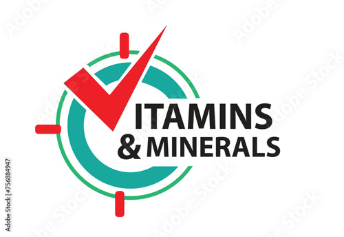 Vitamins and Minerals Icon with Check symbol concept. Editable Clip Art.