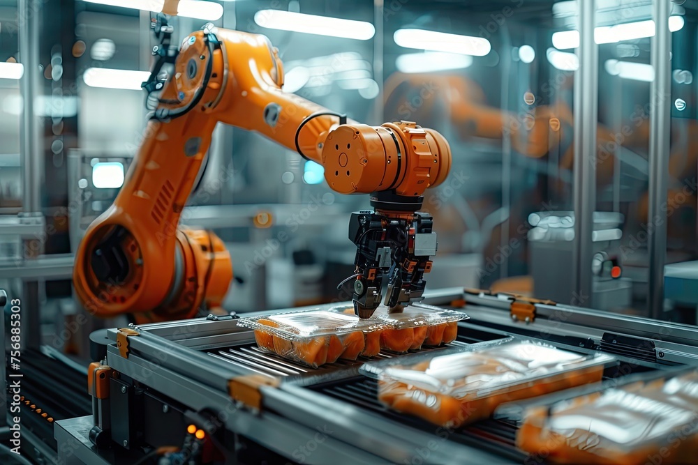 An orange robot manipulator packs food.
