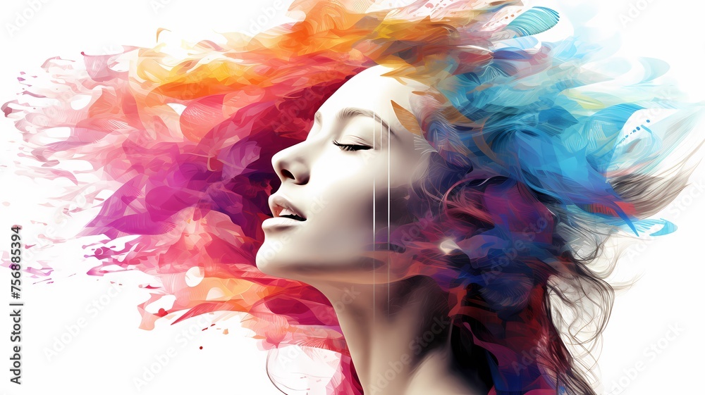 Female profile in digital art with hair in vibrant colors