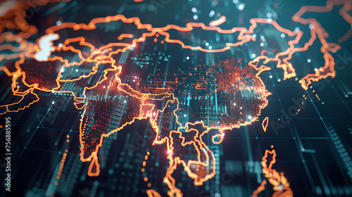 Digital map of Asia, concept of global network and connectivity, data transfer and cyber technology, business exchange, information and telecommunication 