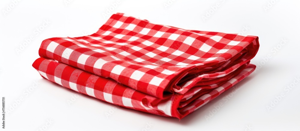 Two red and white checkered towels are stacked on top of each other, creating a stylish pattern on a white background. These linens make a fashionable accessory for any bedding set Two red and white checkered towels are stacked on top of each other, creating a stylish pattern on a white background. These linens make a fashionable accessory for any bedding set