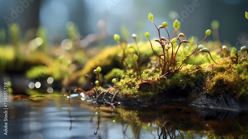 Macro of delicate moss spores on water in soft sunlight © marcia47
