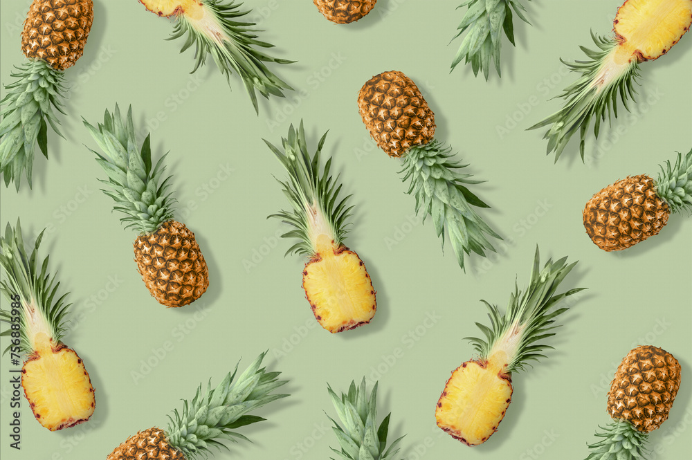 Chaotic pineapple pattern of minimal style.Colorful pattern made on pastel yellow background. Contemporary style. Creative art, minimal aesthetics.Minimal tropical fruit summer concept.Pop art design