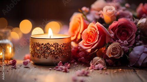 Ornate candle and vibrant roses create a romantic atmosphere © marcia47