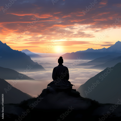 Silhouette of a person meditating on a mountaintop 