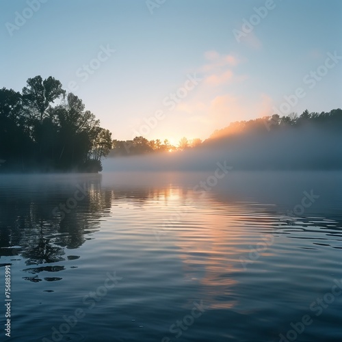 A serene lakeside at sunrise, with mist gently rising from the water.