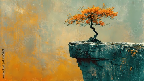 Vibrant autumnal tree on cliff with hazy orange background © marcia47