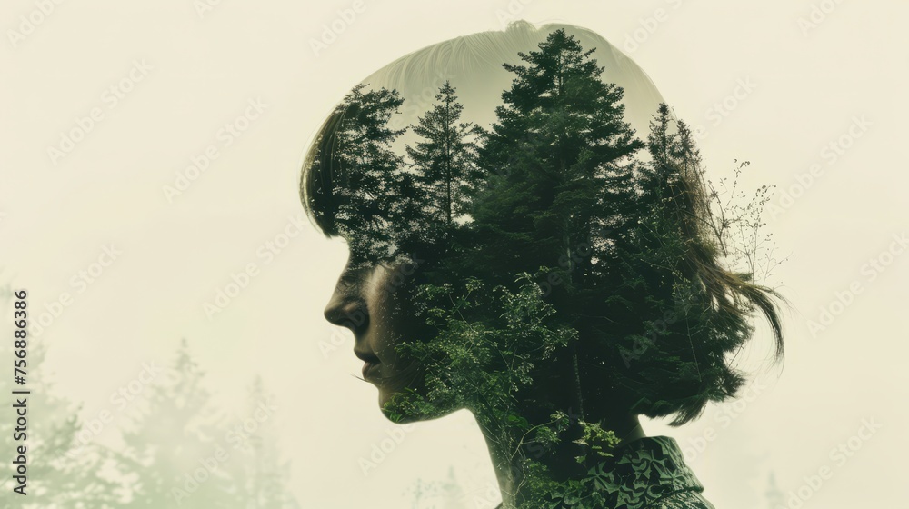 c of a woman's head with a forest landscape as the background, the concept of harmony between man and nature