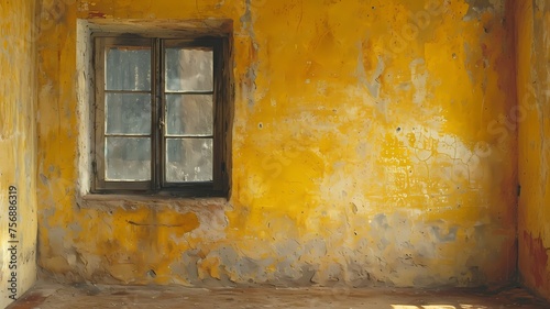 Warm sunlight on lone window in worn yellow wall © marcia47