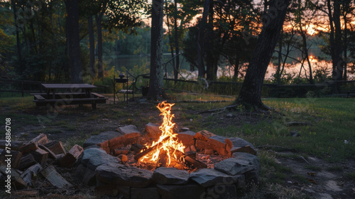 As the sun sets a flickering fire pit becomes the gathering spot with marshmallows toasting and smores being made.