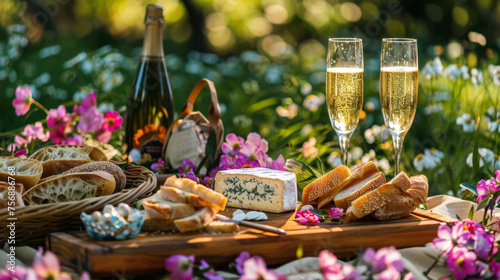 A romantic picnic setup with a spread of classic French fare such as baguettes brie and pâté accompanied by glasses of bubbly champagne and a stunning backdrop of colorful
