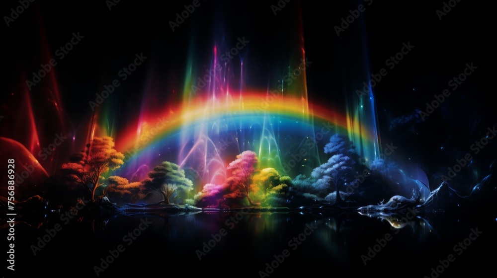 black background, light refraction rainbow overlay